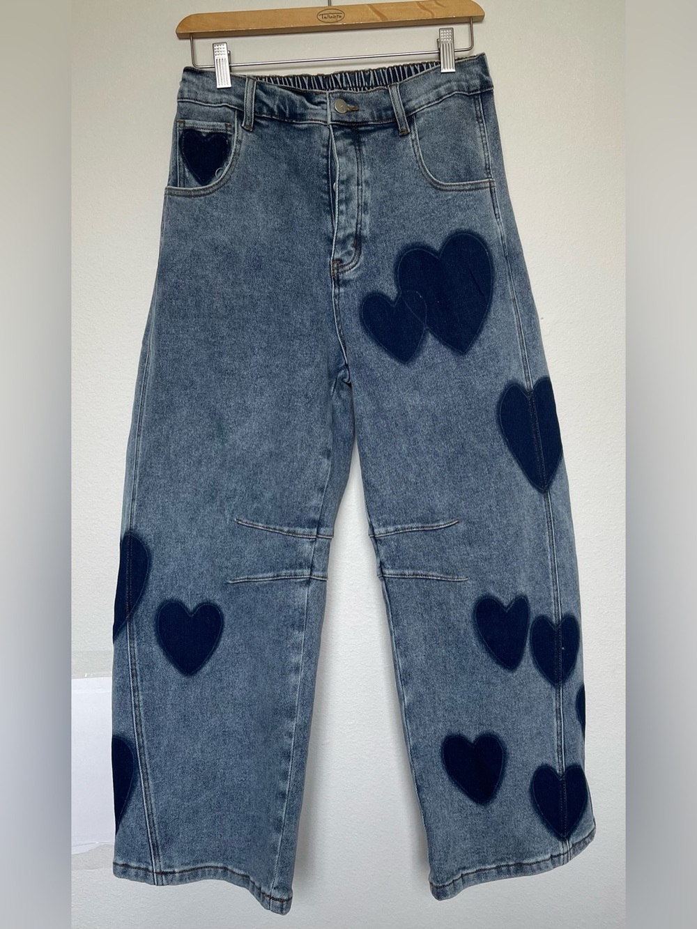 Blue Velvet Barrel Jeans with Hearts